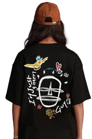 JUNEBERRY® Oversized Loose Baggy Fit Drop Shooulder Half Sleeves Pure Cotton Happy Guy Back Graphic Printed Black T-Shirt for Women & Girls (Sizes: S to 2XL)