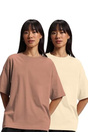 JUNEBERRY® Pure Cotton Drop Shoulder Oversized Baggy Fit Half Sleeve Plain Solid Round Neck Multicolor T-Shirt for Women & Girls (Pack of 2) (Sizes S-2XL)