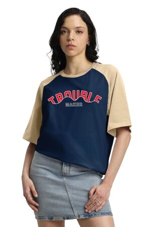 JUNEBERRY® 100% Pure Cotton Oversized Fit Drop Shoulder Graphic Printed Raglan Sleeves Boyfriend T-Shirt for Women (Sizes: S to 2XL)