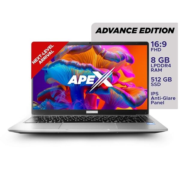 ULTIMUS APEX Intel Celeron Dual Core/ 8 GB LPDDR4/ 512 GB SSD Expandable~1TB/ 14.1" FHD IPS Anti-Glare/ 4mm Thin Bezel/ 180° Hinge/ Intel HD Graphics/ Windows 11 Home Thin & Light Laptop 1.25KG Silver