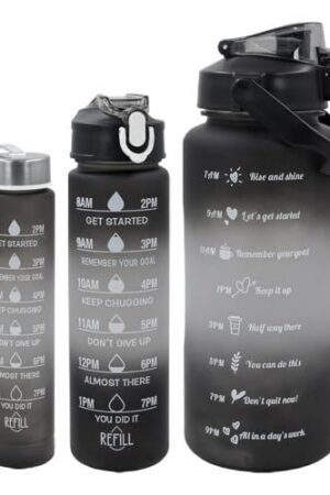 ECOBSY Set of 3 Water Bottle 2000ML, 900ML, 300ML with Motivational Time Marker, Leakproof Durable Sipper Water bottle for office, School gym (BLACK+WHITE)