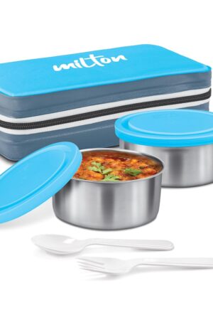 MILTON New Mini Lunch Box with Insulated Fabric Jacket, 2 Containers (2 Stainless Steel 280 ml Each, Spoon & Fork), Leak-Proof Tiffin for Office, School, College, Cyan