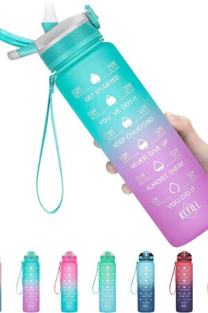 Sellon1 Motivational Water Bottles with Time Marker, Sports Water Bottle with Times to Drink, Leakproof & BPA Free, Reusable Plastic Bottle with Strap no Straw for Gym & School(Multicolour)
