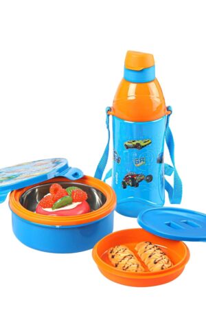 CELLO Tiffy Hotwheelz Gift Set Insulated Lunch Box & Water Bottle for Kids | Tiffin Box 460 ml, Water Bottle 400 ml, Blue & Orange | Leak Proof | Easy to Clean | Ideal for School, Picnic